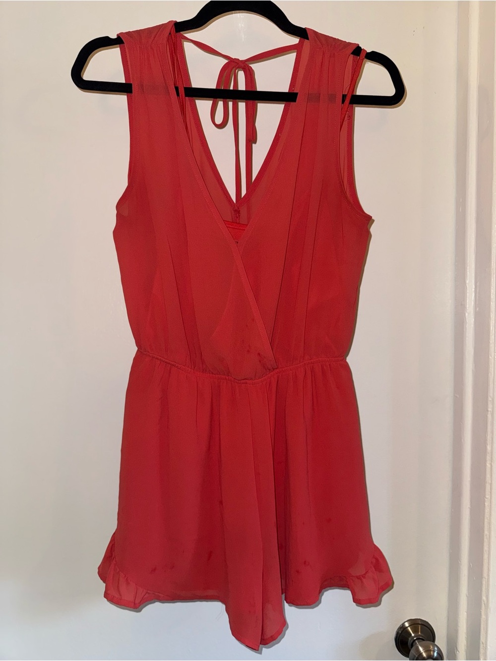 Coral Red Sleeveless Wrap Front Romper Tie Back Ruffle Hem Summer Playsuit
